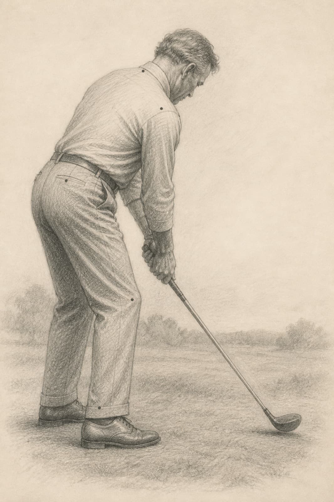 Graphite pencil study of a golfer at address.